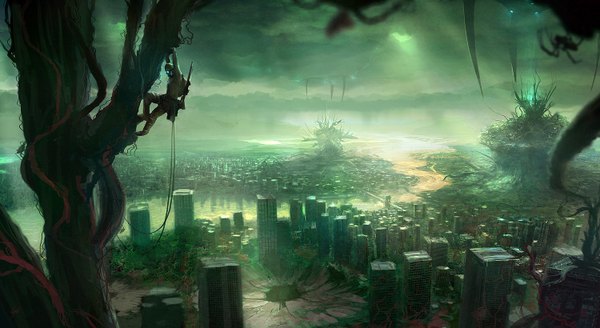 Anime picture 1500x820 with original antifan real (artist) wide image cloud (clouds) city dark background cityscape landscape ruins green background panorama post-apocalyptic overgrown tree (trees) gun building (buildings) forest mecha