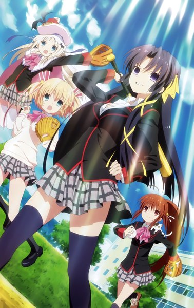 Anime picture 4131x6543 with little busters! key (studio) noumi kudryavka natsume rin kamikita komari kurugaya yuiko long hair tall image blush highres short hair open mouth black hair blonde hair red eyes brown hair purple eyes multiple girls absurdres sky