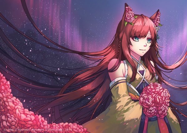 Anime picture 1200x857 with original darkavey single long hair brown hair holding green eyes signed animal ears looking away light smile night wide sleeves night sky fox ears 2016 aurora borealis girl flower (flowers) detached sleeves