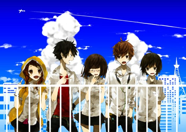 Anime picture 1300x920 with original yuuya (pixiv1797060) long hair looking at viewer short hair black hair brown hair multiple girls brown eyes looking away sky cloud (clouds) eyes closed profile black eyes multiple boys city group cityscape hands in pockets