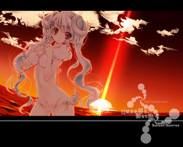 Anime picture 1280x1024 with original usagi suna single long hair looking at viewer blonde hair red eyes twintails sky cloud (clouds) tail horn (horns) evening sunset girl navel swimsuit bikini