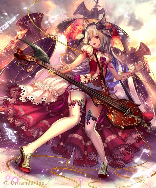 Anime-Bild 2083x2500 mit tachikawa mushimaro (bimo) single long hair tall image looking at viewer highres light erotic red eyes high heels pantyshot jpeg artifacts girl thighhighs dress gloves underwear panties weapon frills musical instrument