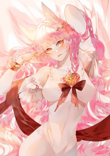 Anime-Bild 905x1280 mit original shei99 single long hair tall image looking at viewer blush fringe breasts large breasts animal ears yellow eyes pink hair head tilt pink eyes lips covered navel arm behind head multicolored eyes skin tight