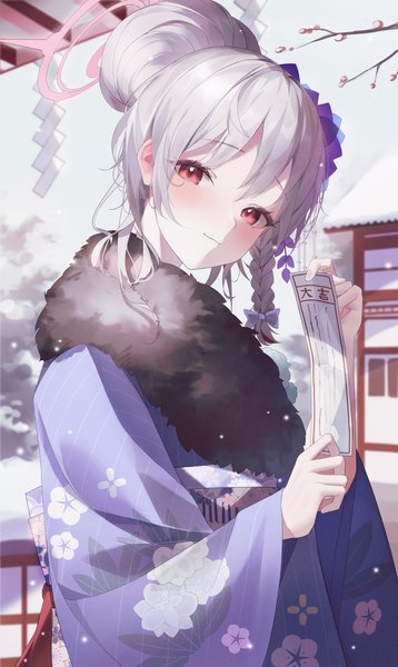 Anime picture 2300x3854 with blue archive haruna (blue archive) haruna (new year) (blue archive) dodari single tall image blush highres upper body braid (braids) traditional clothes head tilt japanese clothes hair bun (hair buns) official alternate costume floral print side braid new year girl hair ornament