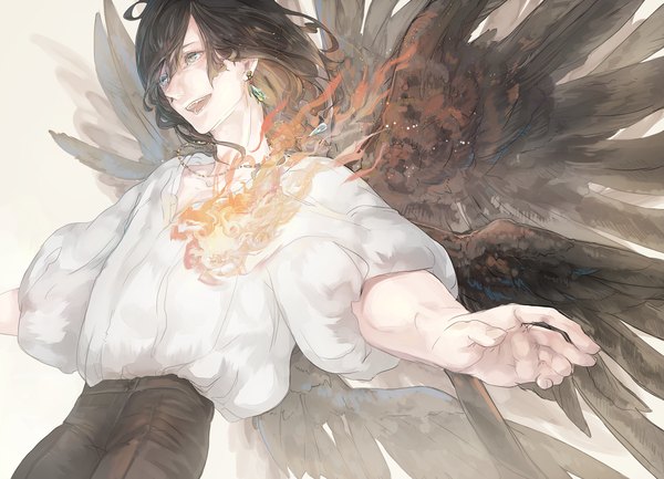 Anime picture 2126x1535 with howl's moving castle studio ghibli howl calcifer mizutamari tori single highres short hair open mouth black hair standing green eyes looking away happy spread arms black wings boy earrings shirt wings