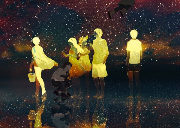 Anime picture 1280x913 with takeji long hair short hair black hair blonde hair standing multiple girls from behind night multiple boys night sky reflection dark background group squat flying summer hands in pockets space silhouette
