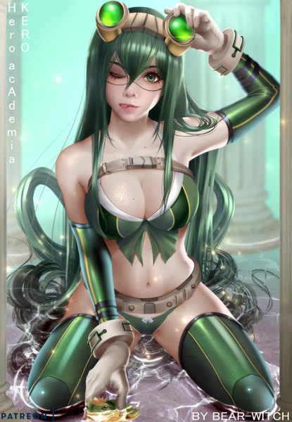 Anime picture 1870x2700 with boku no hero academia studio bones asui tsuyu bearwitch single tall image looking at viewer fringe highres breasts light erotic hair between eyes large breasts bare shoulders green eyes signed payot cleavage very long hair one eye closed