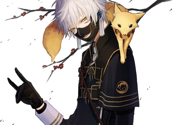Anime picture 800x584 with touken ranbu nitroplus nakigitsune nakigitsune's fox aquacrown000 single looking at viewer fringe short hair simple background white background yellow eyes silver hair animal on shoulder plum blossoms fox shadow puppet boy gloves flower (flowers) animal