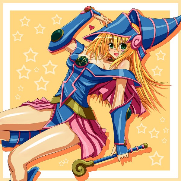 Anime picture 1200x1200 with yu-gi-oh! dark magician girl watarui single long hair looking at viewer breasts open mouth light erotic blonde hair smile large breasts bare shoulders green eyes legs girl gloves shoes headdress wand