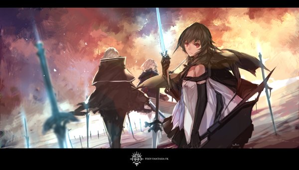 Anime picture 2645x1511 with original pixiv fantasia pixiv fantasia fallen kings paradise (character) swd3e2 highres short hair black hair red eyes wide image bare shoulders multiple girls cloud (clouds) white hair girl dress gloves weapon 2 girls sword