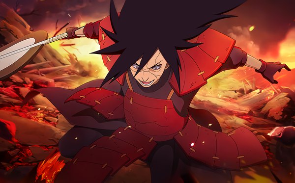 Anime picture 1800x1120 with naruto studio pierrot naruto (series) uchiha madara anvmadara single long hair looking at viewer fringe highres open mouth black hair smile hair between eyes wide image holding outdoors spread arms crazy smile rinnegan