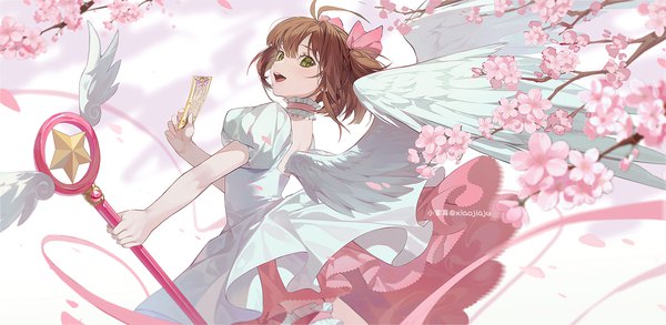 Anime picture 1500x732 with card captor sakura clamp kinomoto sakura xiaojiaju single looking at viewer short hair open mouth brown hair wide image green eyes signed ahoge :d puffy sleeves cherry blossoms white wings girl dress ribbon (ribbons)
