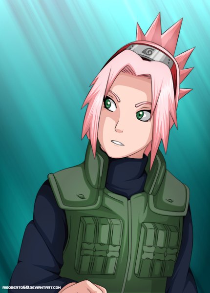 Anime picture 1024x1430 with naruto studio pierrot naruto (series) haruno sakura rigoberto60 single tall image short hair simple background green eyes pink hair coloring light face girl bandana