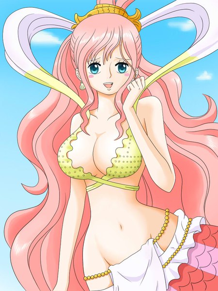 Anime picture 768x1024 with one piece toei animation shirahoshi himumu (cyah7528) single tall image looking at viewer blush fringe breasts open mouth blue eyes light erotic hair between eyes large breasts bare shoulders pink hair sky cleavage cloud (clouds)