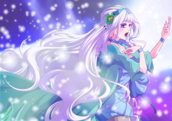 Anime picture 1280x905 with macross macross frontier sheryl nome single long hair blue eyes blonde hair sky white hair very long hair singing girl dress hair ornament earrings hairband pendant dandelion