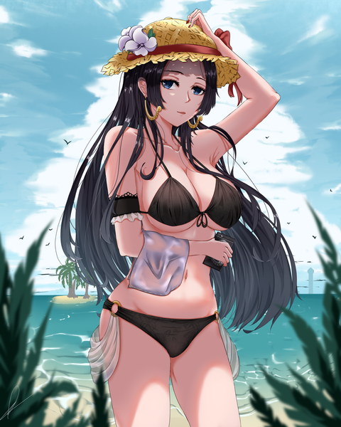 Anime picture 2000x2500 with one piece toei animation boa hancock donosude single long hair tall image looking at viewer highres breasts blue eyes light erotic black hair large breasts standing holding payot sky cleavage cloud (clouds)