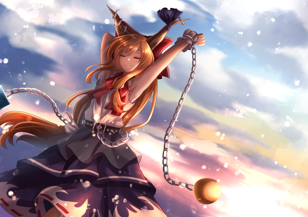Anime picture 1980x1400 with touhou ibuki suika shiranui (wasuresateraito) single long hair fringe highres blonde hair smile hair between eyes twintails sky outdoors eyes closed horn (horns) arms up armpit (armpits) dutch angle sleeveless low twintails