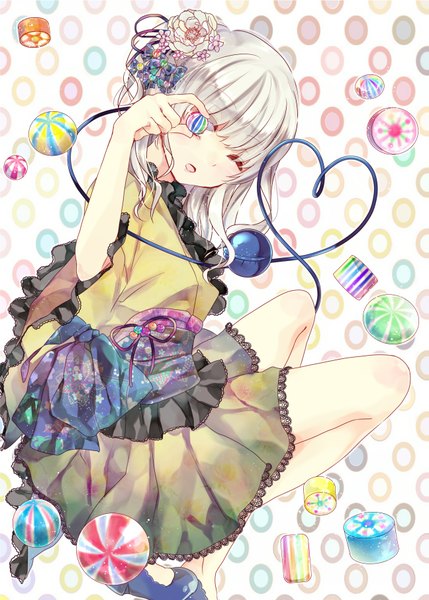 Anime picture 1295x1812 with touhou komeiji koishi gingetsu ringo single tall image short hair open mouth silver hair long sleeves one eye closed hair flower wink wide sleeves lolita fashion heart of string no hat wa lolita girl hair ornament flower (flowers)
