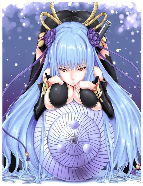Anime picture 1150x1500 with valkyria chronicles selvaria bles mogmog long hair tall image breasts light erotic red eyes large breasts bare shoulders blue hair ass hair flower breast press girl hair ornament shield