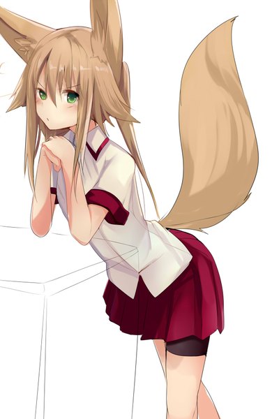 Anime picture 1333x2000 with original kokonoe tsubaki haik long hair tall image looking at viewer simple background blonde hair white background green eyes animal ears tail animal tail pleated skirt leaning leaning forward fox ears fox tail fox girl girl