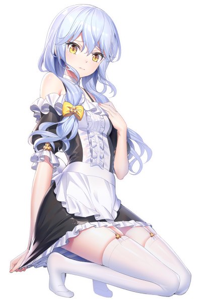 Anime picture 810x1200 with original saegusa riko ririko (zhuoyandesailaer) single long hair tall image looking at viewer blush fringe breasts simple background hair between eyes white background twintails yellow eyes silver hair full body off shoulder maid no shoes
