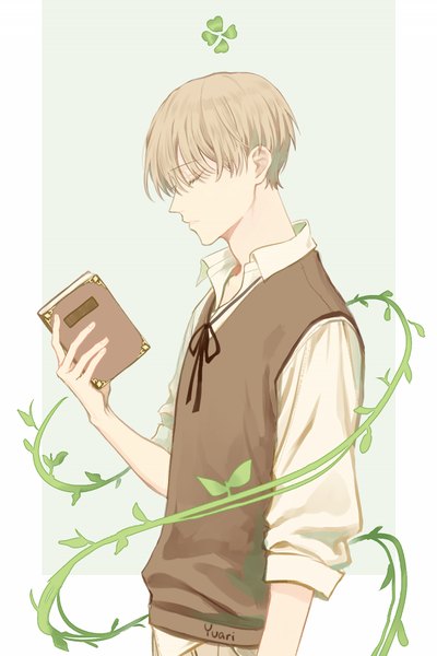 Anime picture 600x900 with original yuari kim single tall image fringe short hair simple background blonde hair hair between eyes standing holding signed upper body eyes closed profile border open collar outside border green background boy