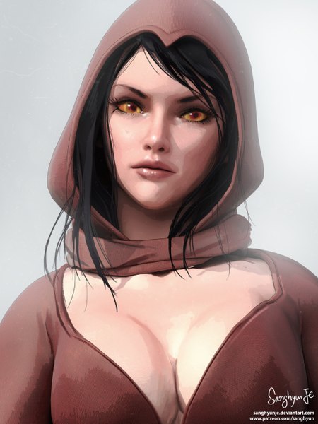 Anime picture 2000x2667 with diablo (game) heroes of the storm blizzard entertainment valla (diablo) sanghyunje single long hair tall image highres breasts light erotic black hair simple background large breasts cleavage lips realistic grey background orange eyes girl