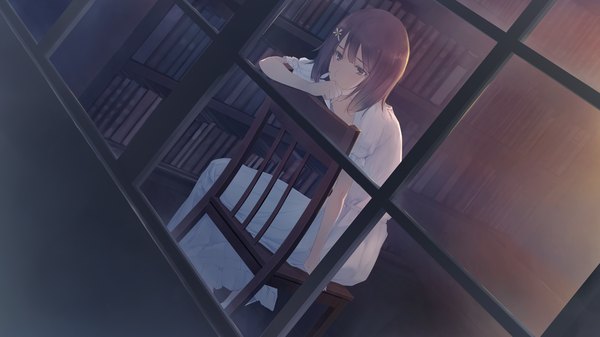 Anime picture 1280x720 with flowers (innocent grey) innocent grey kousaka mayuri single short hair brown hair wide image sitting brown eyes game cg girl dress window book (books)