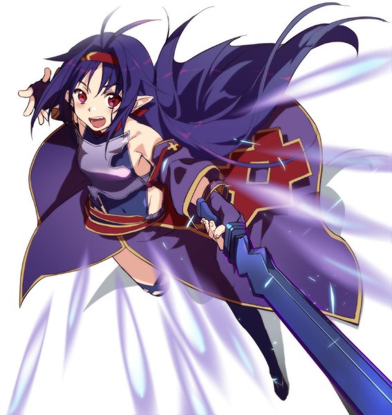 Anime picture 800x846 with sword art online a-1 pictures yuuki (sao) meer rowe single long hair tall image looking at viewer blush open mouth simple background red eyes white background purple hair ahoge pointy ears outstretched arm fighting stance girl gloves
