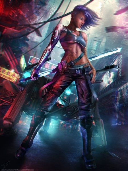 Anime picture 1800x2400 with original eddy-shinjuku single tall image highres short hair purple eyes purple hair bare belly tattoo city mechanical mechanical parts girl navel weapon sword belt robot