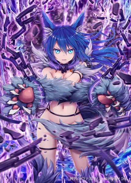 Anime picture 786x1100 with shinkai no valkyrie fenrir (shinkai no valkyrie) akkijin single long hair tall image blue eyes light erotic standing signed animal ears blue hair tail animal tail glowing crossed arms glowing eye (eyes) convenient censoring wolf ears wolf tail