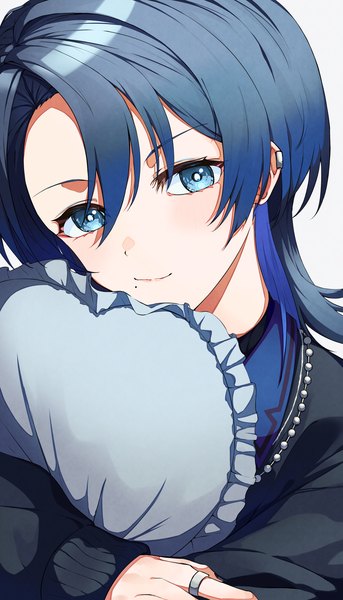 Anime picture 2024x3541 with virtual youtuber hololive hololive dev is hiodoshi ao nazca (yhan mie) single long hair tall image looking at viewer fringe highres blue eyes hair between eyes blue hair upper body mole mole under mouth pillow hug girl pillow