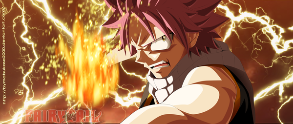 Anime picture 4000x1696 with fairy tail natsu dragneel the-danstyle-art single highres short hair open mouth wide image yellow eyes pink hair inscription sleeveless coloring magic muscle angry electricity boy scarf fire