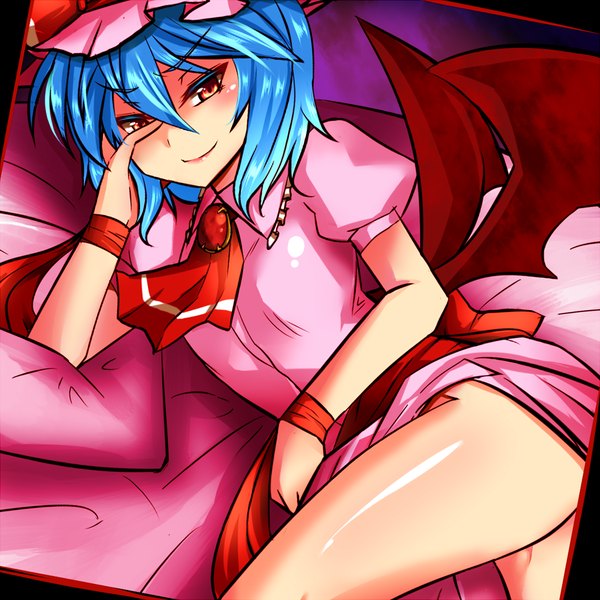 Anime picture 1150x1150 with touhou remilia scarlet roki (hirokix) short hair red eyes blue hair light smile arm support demon wings girl dress wings neckerchief