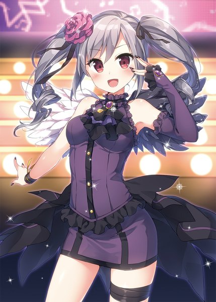 Anime picture 800x1119 with idolmaster idolmaster cinderella girls kanzaki ranko masuishi kinoto single long hair tall image blush fringe open mouth hair between eyes red eyes standing bare shoulders silver hair long sleeves nail polish fingernails sparkle outstretched arm