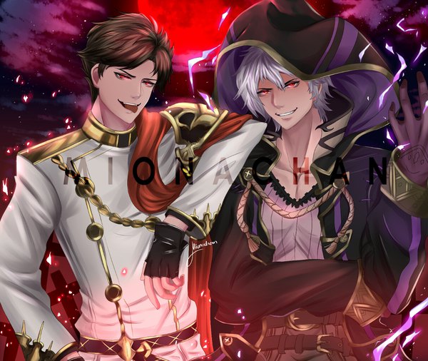 Anime picture 1214x1024 with fire emblem granblue fantasy fire emblem awakening fire emblem heroes nintendo robin (fire emblem) belial (granblue fantasy) grima (fire emblem) robin (fire emblem) (male) mionachan looking at viewer fringe short hair smile hair between eyes red eyes brown hair standing signed silver hair