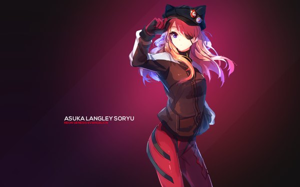 Anime picture 1920x1200 with neon genesis evangelion gainax soryu asuka langley assassinwarrior interitio single long hair fringe highres simple background smile standing purple eyes animal ears red hair cat ears red background hand in pocket girl gloves