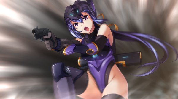 Anime picture 1280x720 with izuna zanshinken (game) long hair open mouth light erotic wide image purple eyes blue hair game cg girl weapon gun