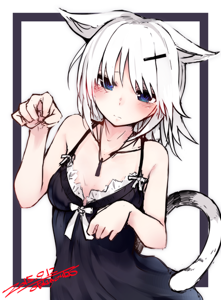 Anime picture 1000x1354 with original otokuyou single tall image looking at viewer blush fringe short hair blue eyes simple background smile white background bare shoulders signed animal ears cleavage upper body white hair tail animal tail