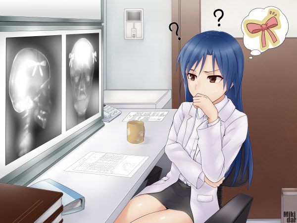Anime picture 2400x1800 with idolmaster kisaragi chihaya mikidar single long hair highres sitting brown eyes blue hair looking away ? humor thinking girl skirt bow miniskirt speech bubble paper labcoat