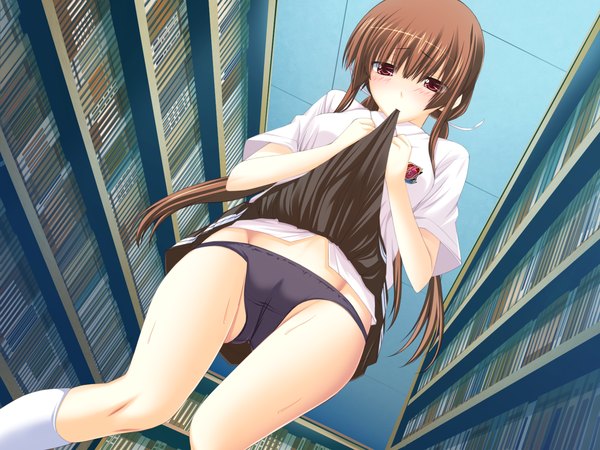 Anime picture 1600x1200 with futsuu ja nai!! himesawa sayaka sadawo long hair blush light erotic red eyes brown hair game cg girl underwear panties serafuku book (books)