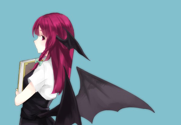 Anime picture 5239x3624 with touhou koakuma nagata nagato single long hair fringe highres simple background standing pink hair absurdres braid (braids) pink eyes looking back from behind blue background black wings bat wings head wings girl
