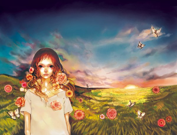 Аниме картинка 2900x2216 с оригинальное изображение nogaru (artist) один (одна) длинные волосы высокое разрешение карие глаза небо облако (облака) красные волосы разноцветные волосы цветок в волосах девушка украшения для волос цветок (цветы) насекомое бабочка