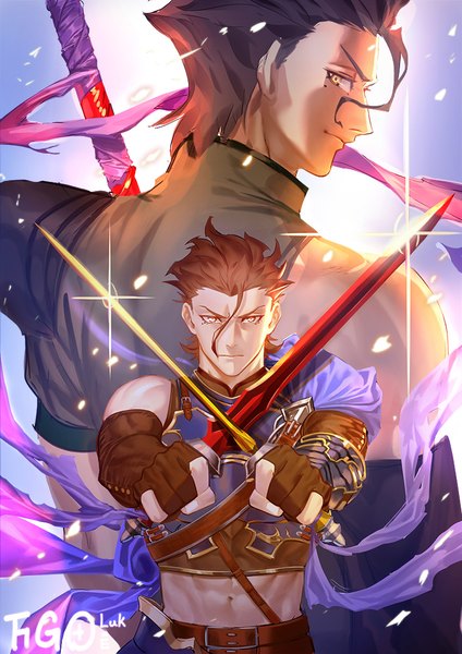 Anime picture 760x1075 with fate (series) fate/grand order fate/zero diarmuid ua duibhne (lancer) (fate) diarmuid ua duibhne (fate/grand order) snakeping tall image looking at viewer fringe short hair black hair simple background hair between eyes standing holding brown eyes signed upper body profile looking back