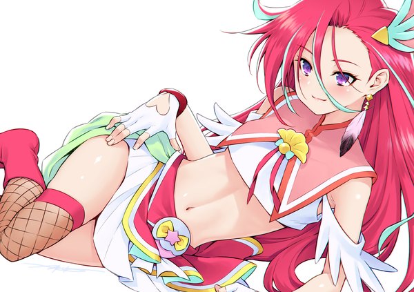 Anime picture 2000x1409 with precure tropical-rouge! precure toei animation takizawa asuka cure flamingo kazuma muramasa single long hair highres light erotic simple background white background purple eyes looking away pink hair multicolored hair light smile midriff streaked hair magical girl
