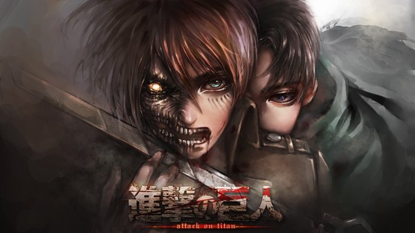 Anime picture 4400x2475 with shingeki no kyojin production i.g eren yaeger levi (rivaille) c togi looking at viewer highres short hair open mouth blue eyes black hair brown hair wide image holding green eyes absurdres glowing glowing eye (eyes) crazy weapon