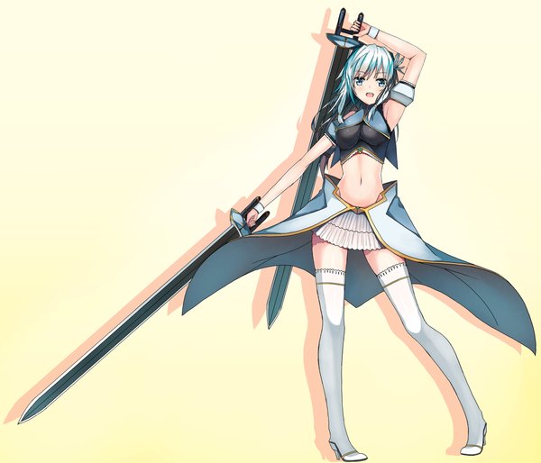 Anime picture 2228x1910 with original 90i single long hair looking at viewer highres open mouth blue eyes simple background aqua hair bare belly shadow zettai ryouiki yellow background girl skirt navel hair ornament weapon miniskirt