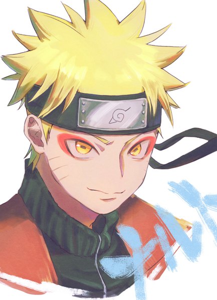 Anime picture 1297x1798 with naruto studio pierrot naruto (series) uzumaki naruto jopi single tall image looking at viewer short hair simple background blonde hair smile white background yellow eyes upper body light smile inscription character names facial mark symbol-shaped pupils