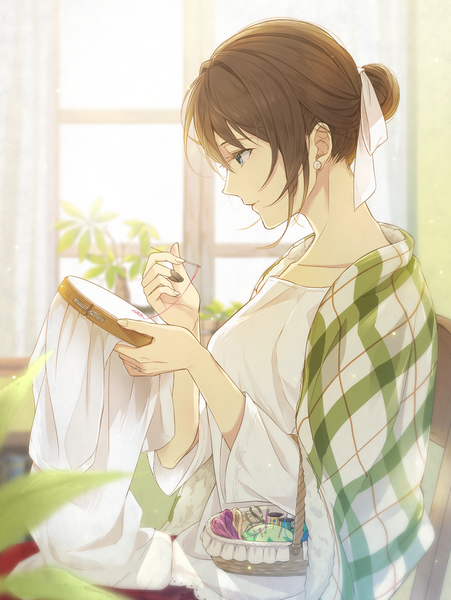 Anime picture 828x1100 with original mono lith single tall image fringe short hair blue eyes hair between eyes brown hair sitting payot looking away indoors profile hair bun (hair buns) girl ribbon (ribbons) plant (plants) hair ribbon earrings