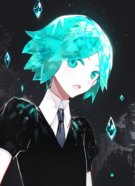 Anime picture 1300x1792 with houseki no kuni phosphophyllite juexing (moemoe3345) single tall image looking at viewer short hair open mouth upper body aqua eyes aqua hair puffy sleeves black background androgynous uniform necktie